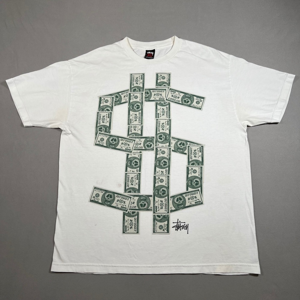 Stussy Mens XL White Skull Money Dollar Sign Graphic T-Shirt Streetwear Skater